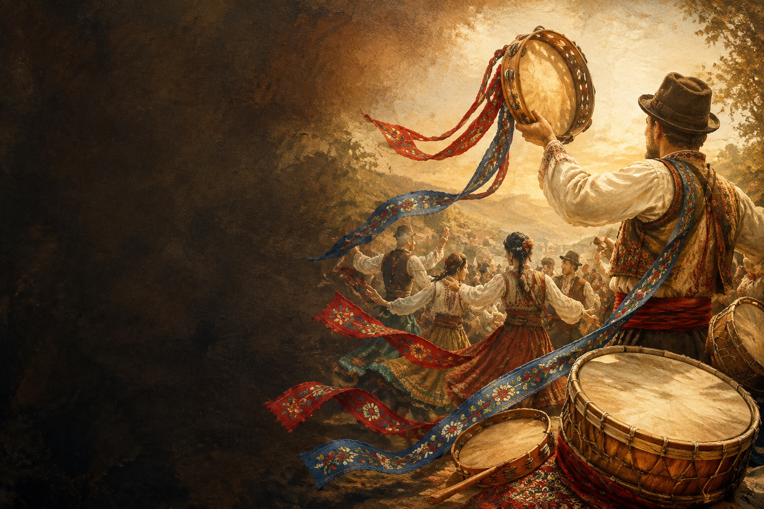 Festive folk dance scene with instruments and warm lights