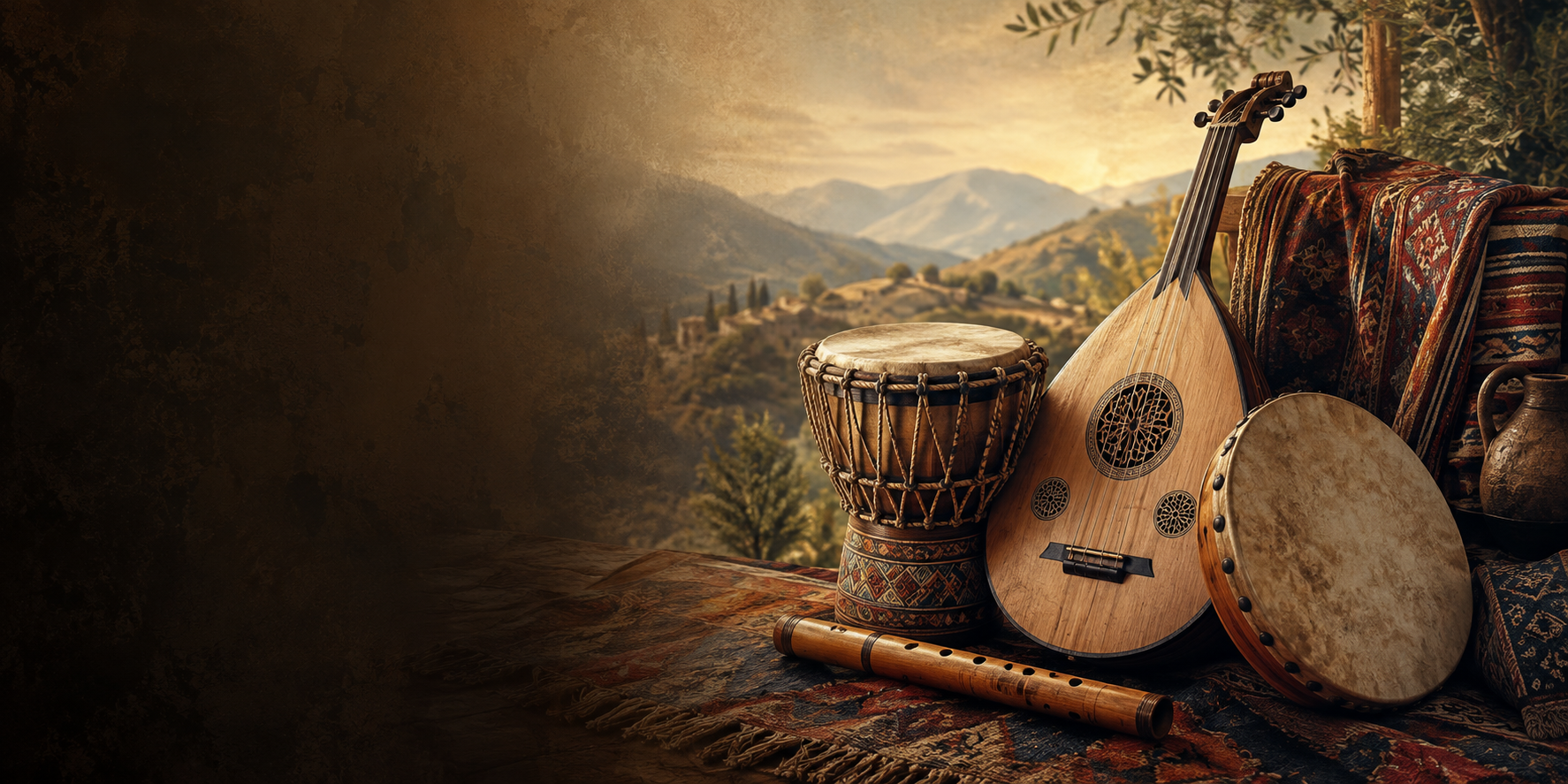 Traditional folk instruments arranged in a mountain landscape