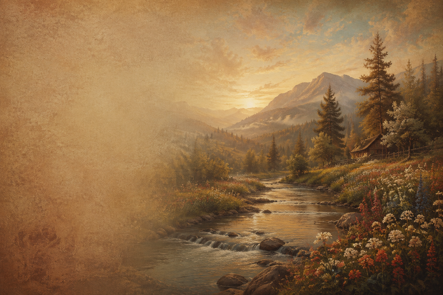 Peaceful river flowing through a sunlit mountain landscape