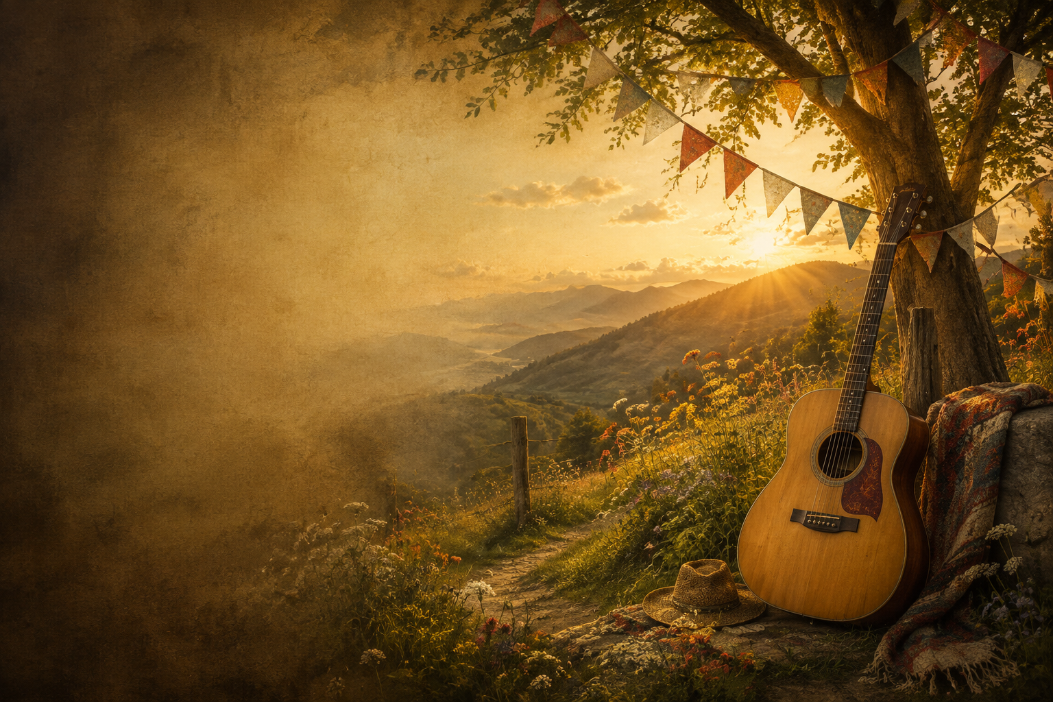 Bright folk scene filled with sunlight and lively energy